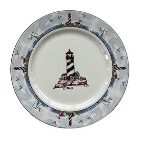 Totally Today Coastal Lighthouse Seaside Scene White 10.25 in Round Dinner Plate
